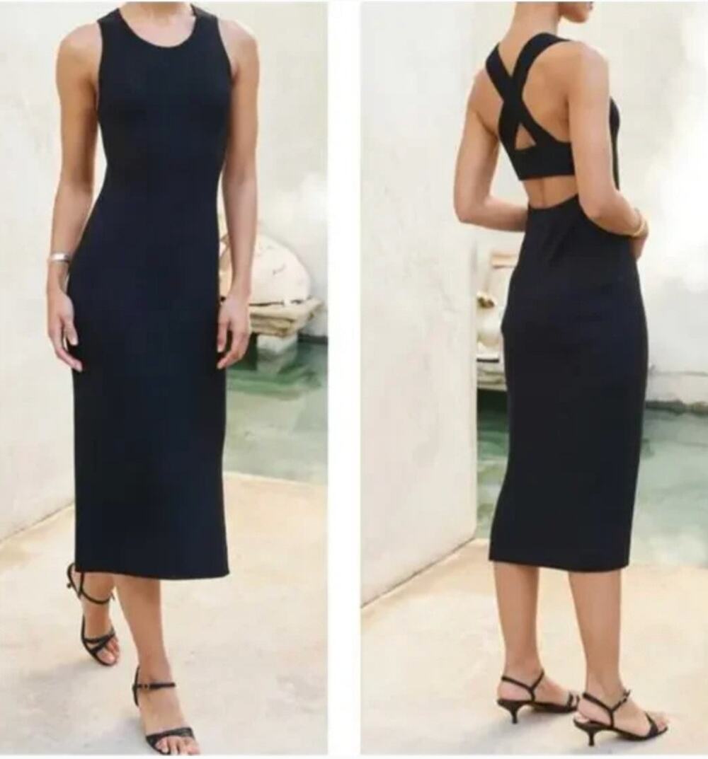 AYR The Vava black ribbed knit criss cross back midi dress Size Large Minimal
